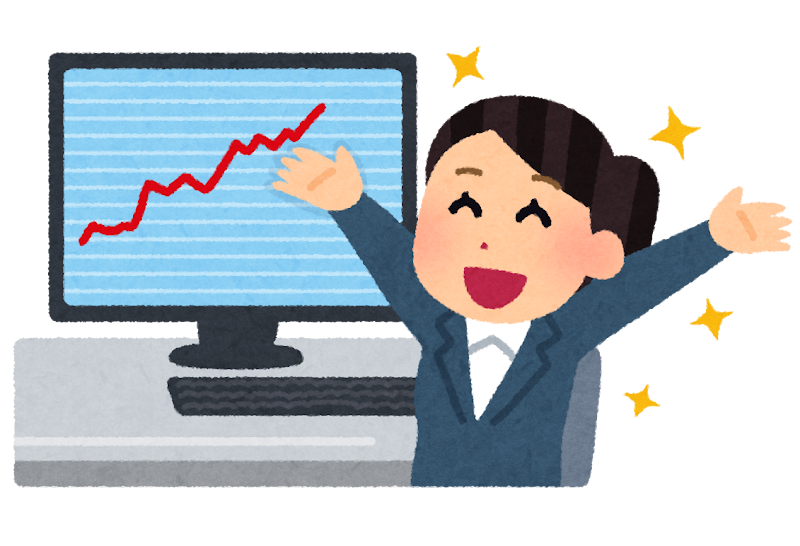 パソコンでチャートを見る女性のイラスト(上昇)