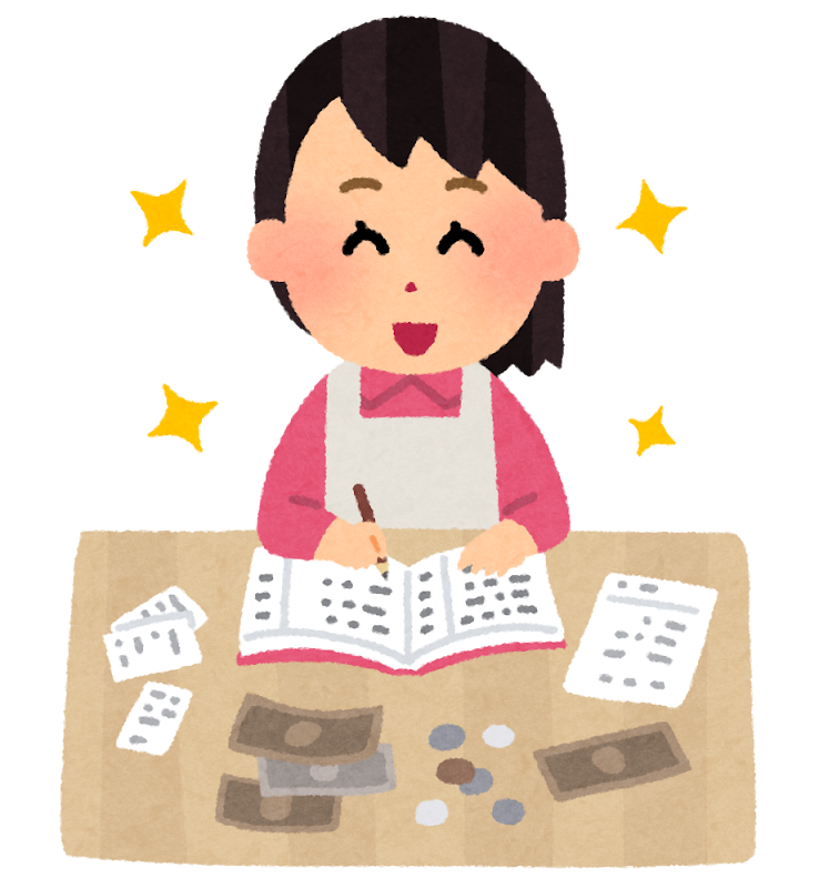 家計簿をつけて喜ぶ女性のイラスト