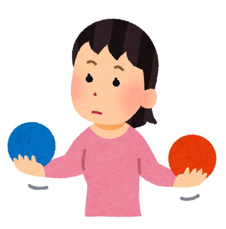2つを比較する女性のイラスト(学資保険・親NISA・こどもNISAの比較)