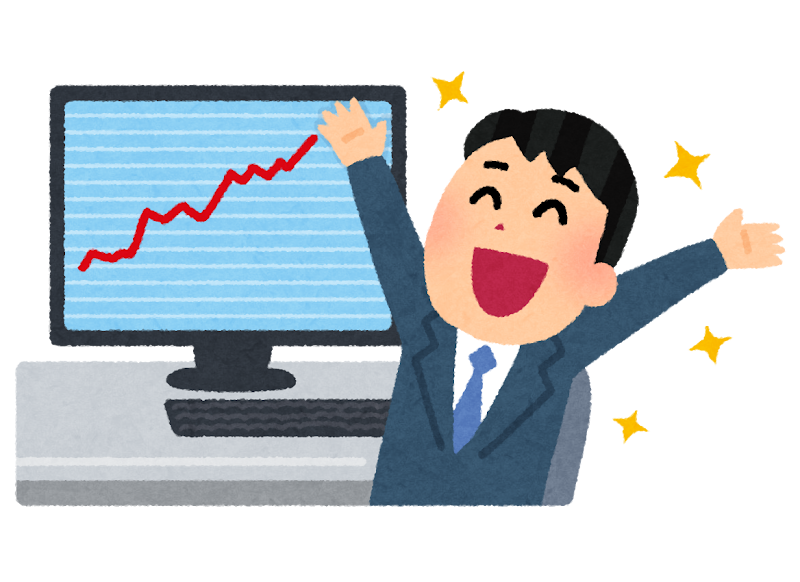 株価チャートを見て喜ぶトレーダーのイラスト（NISAの一括投資と積立投資の仕組みを解説するイメージ）