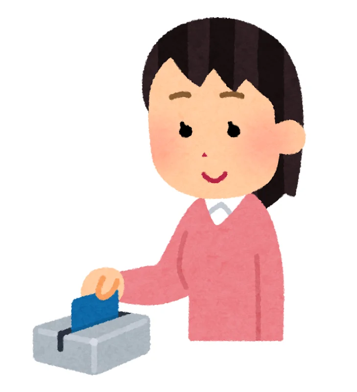 楽天カードでNISA積立を選んだまなの結論・カードリーダーにスワイプする女性のイラスト